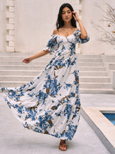 Langes Kleid mit Blumendruck und Puffärmeln